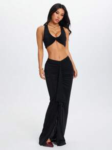 SHEIN PETITE Set de bluză fără mâneci cu noduri răsucite și fustă cu talie joasă pentru femei