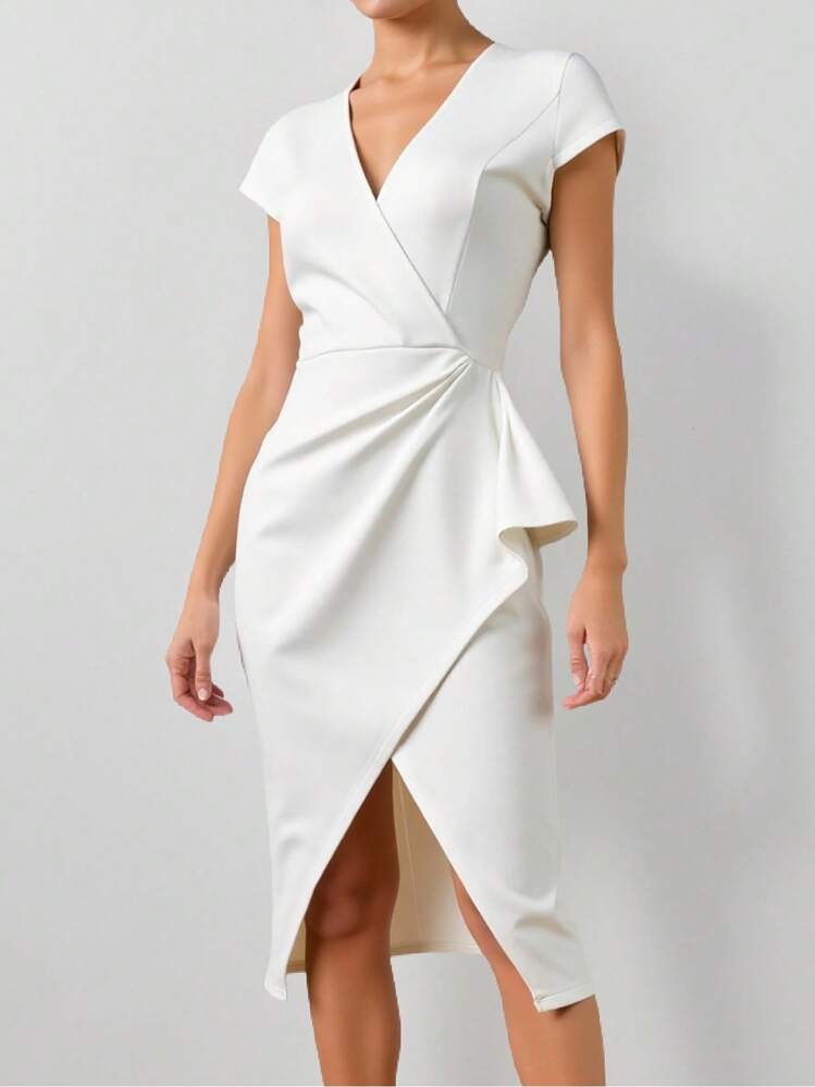 SHEIN Clasi Women's Elegant Solid Color Tied Waist Mid-Length Wrap Dress - White - View 4