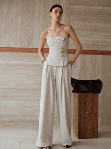 MOTF PREMIUM Ensemble Top tube ajusté et pantalon ample à plis creux - Beige - Voir 7