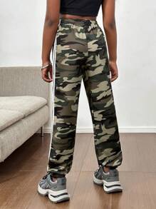 Tween Girls Casual Fashionable Street Camo Print Side Tape Trim Elasticated Sweatpants Fall Winter