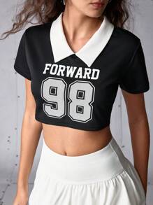 Streetz SHEIN Sport 夏季休闲户外跑步健身短款运动 Polo 衫 - 黑色 - 查看 5