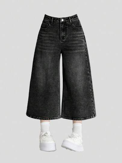 SHEIN Girlism 少女休闲黑色口袋纽扣前开阔腿牛仔裤