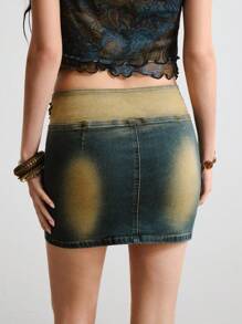 ROMWE Hippie Vintage Washed Crisscross Strap & Pearl Decor Denim A-Line Mini Skirt For Women, Summer - Blue - View 4
