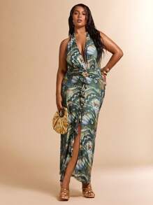 SHEIN BAE Plus Size Women's Summer Vacation Beach Holiday Butterfly Print Metallic Ruffles Decorated Low Cut Sexy Slit Maxi Halter Dresses - Green - View 2