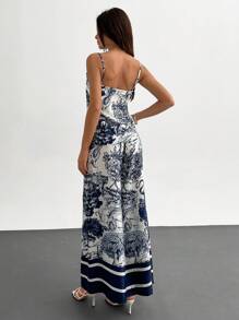 EURMUSE Set de 2 piese pentru femei, maiou cu imprimeu albastru și alb și pantaloni largi