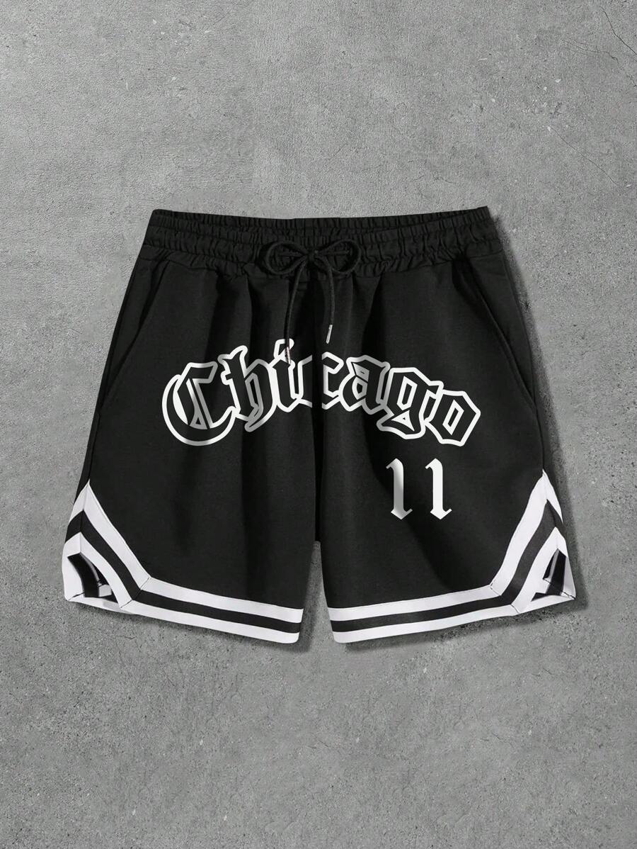 Aesthetic Post--Plus Size Men's Letter Print Front Tie Casual Shorts - Black - View 1