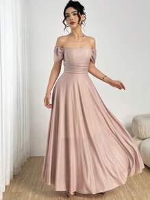 Modelyn 女士露肩A字褶饰腰部连衣裙，粉色