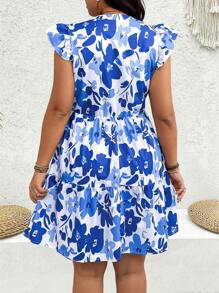 EMERY ROSE Plus Size Random Print Cap Sleeve Casual Dress - Blue - View 2