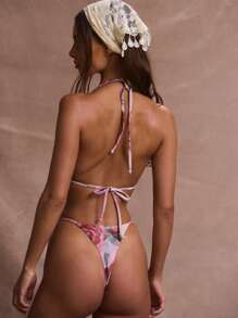 Musera Resort 露背印花三角比基尼上衣，适合夏季度假、海滩游泳、性感优雅浪漫的节日活动，伊比沙岛印花文艺复兴新娘款 - 粉色 - 查看 4