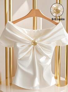 Franclia 法式优雅缎面蝴蝶结露肩漂亮衬衫，夏季衬衫