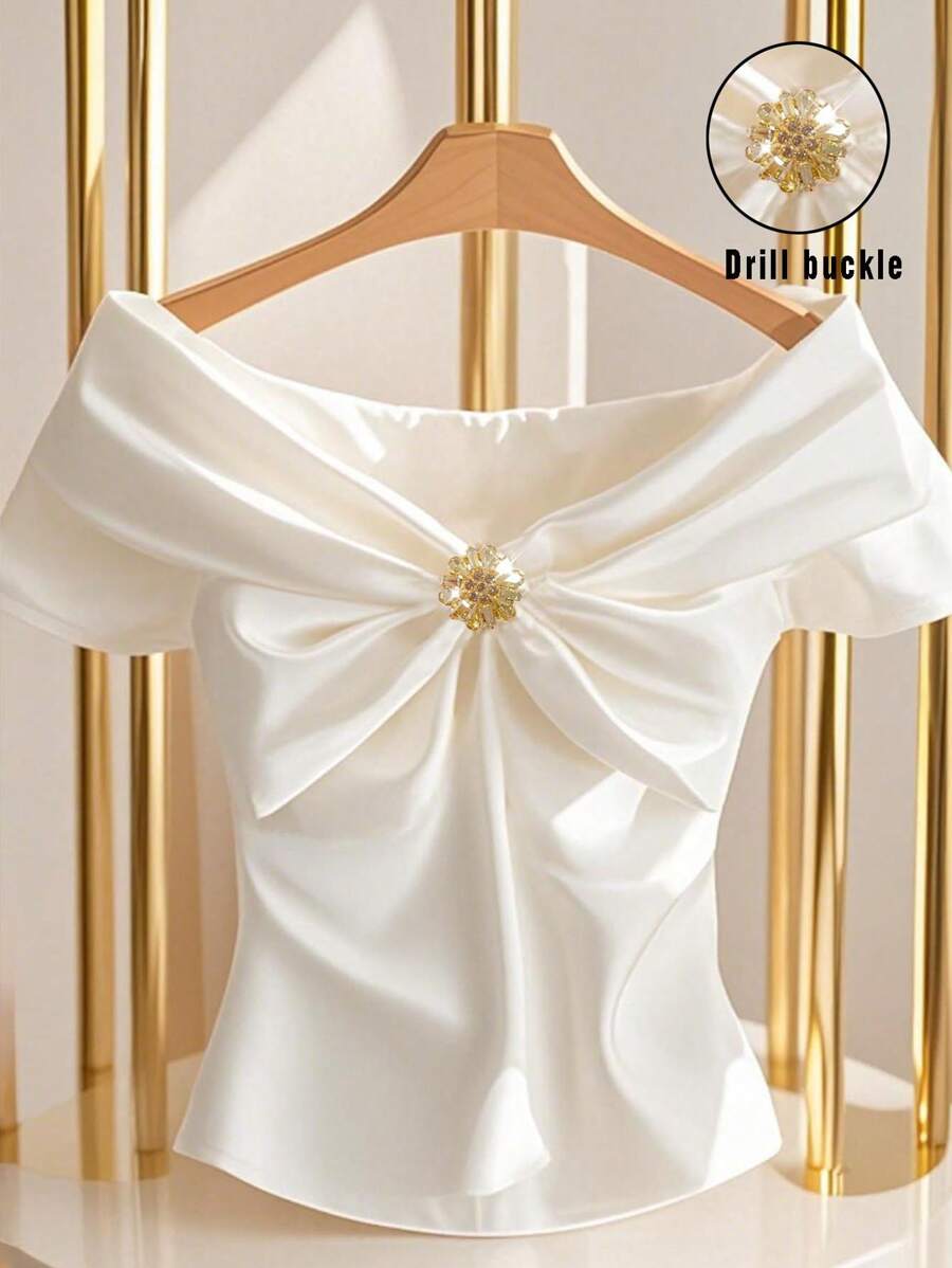 Franclia 法式优雅缎面蝴蝶结露肩漂亮衬衫，夏季衬衫