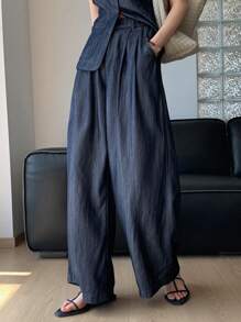 DAZY 2 件套女士夏季休闲牛仔圆领无袖上衣和宽松长裤牛仔套装 - 深色水洗藍 - 查看 4