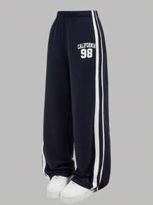 SHEIN Girlism 三件套：深蓝色撞色字母印花套头连帽衫，休闲运动裤，时尚、基本款、日常、百搭；纯蓝色纹理字母印花圆领宽松短袖 T 恤，适合各种运动场合、返校装、学院风、节日家庭户外野餐 - 藍白色 - 查看 8