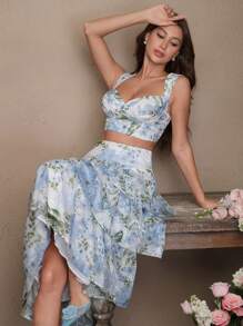 SHEIN Unity Trang phục dự tiệc cocktail theo phong cách nghỉ dưỡng bãi biển mùa hè gồm áo yếm xếp ly thêu hoa kỹ thuật số màu xanh lam phía trước và phía sau, kết hợp với chân váy xếp tầng - Bộ 2 món - Màu xanh lam - Xem 5