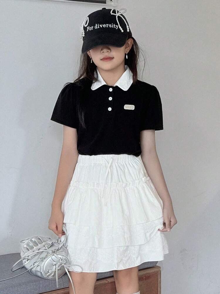 Tween Girls 2pcs Polo Shirt And Cake Skirt Set,Girls Summer Outfits,Back To School Clothes