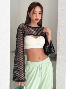 DAZY Solid Hollow Out Crop Top Festival Sheer Long Sleeve Women Tops