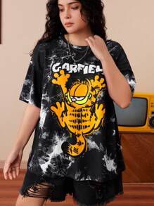 GARFIELD | SHEIN 大码字母和卡通图案圆领短袖T恤 - 黑色 - 查看 3