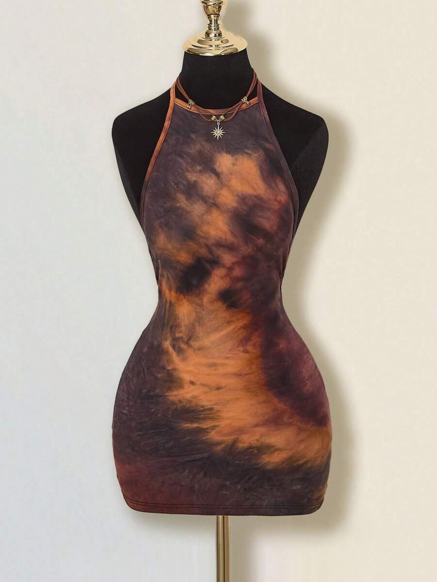 SHEIN ICON Halter Neck Bodycon Backless Tie-Dye Bodycon Mini Dress - Multicolor - View 1