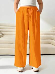 SHEIN EZwear 女士加大码橙色梭织宽松长裤 - 橘色 - 查看 7