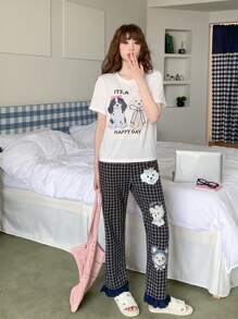 两件套青少年女孩灰色格子短裤和卡通狗印花短袖休闲舒适睡衣，夏季 - 灰色 - 查看 10