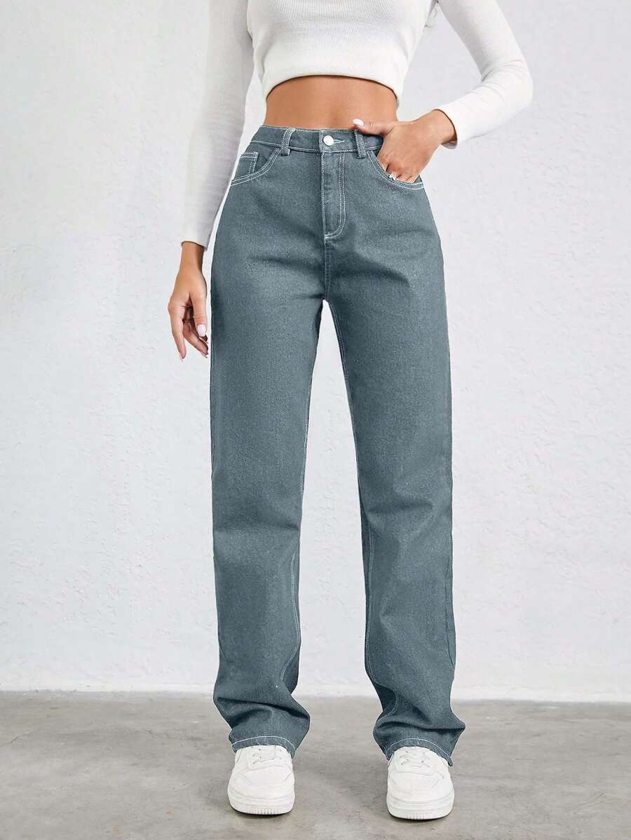 SHEIN Cottnline 100%纯棉斜口袋直筒牛仔裤 - 中等水洗藍 - 查看 1