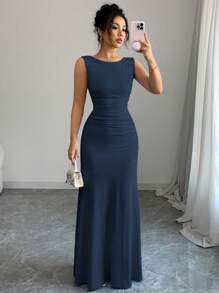 Elenzga Women's Elegant Sleeveless Round Neck A-Line Blue Knitted Dress, With Waist Pleats, Suitable For Spring And Summer - Navy Blue - View 3