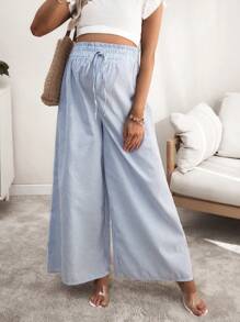 SHEIN 孕妇休闲条纹荷叶边抽绳腰阔腿裤 - 藍白色 - 查看 4