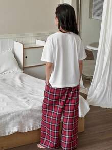 Dazy Kids 女童针织短袖T恤+格子长裤家居服套装，春夏 - 白色 - 查看 2