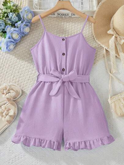 Girls Casual Fashion Crinkle Fabric Ruffle Hem Jumpsuit, Suitable For Spring & Summer Vacation