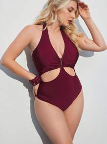 Maija Plus Size Women Solid Color Ruched Waist Halter One-Piece Swimsuit Summer Women Vacation  Vestidos Elegantes De Mujer Beach  Blusas Elegantes Para Mujer Business Casual Woman Going Out Tops Boho Office Outfits Festival Outfits For Rave Hawaii Coachella Festa Junina