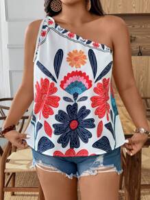Weeklong Plus Size Women Floral Print Sleeveless Blouse For Outdoor & Holiday - White - View 4