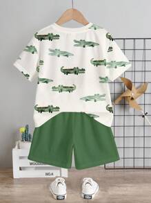 Selección de "Cocodrilo" para niños, colores pastel básicos para uso diario, niños felices, estilo biker, viaje familiar, días felices, "Amo a mamá", "Amo a papá", hogar encantador, niños geniales, conjunto de camiseta de manga corta y shorts minimalista casual para niño pequeño, apropiado para el verano