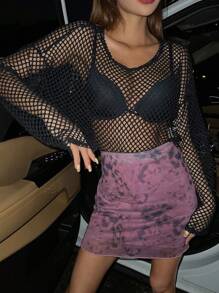 DAZY Solid Drop Shoulder Mesh Top Without Bra Going Out Tops Sheer Long Sleeve Women Tops,Fall Women Clothes - Black - View 1