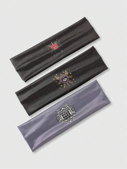 ROMWE Grunge Punk 3 件装简约纯色女孩网状透气徽章印花运动头带，适合日常生活、健身、啦啦队日常发饰