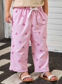 SHEIN 女婴休闲舒适百搭可爱粉色蝴蝶结设计裤子 - 粉色 - 查看 1