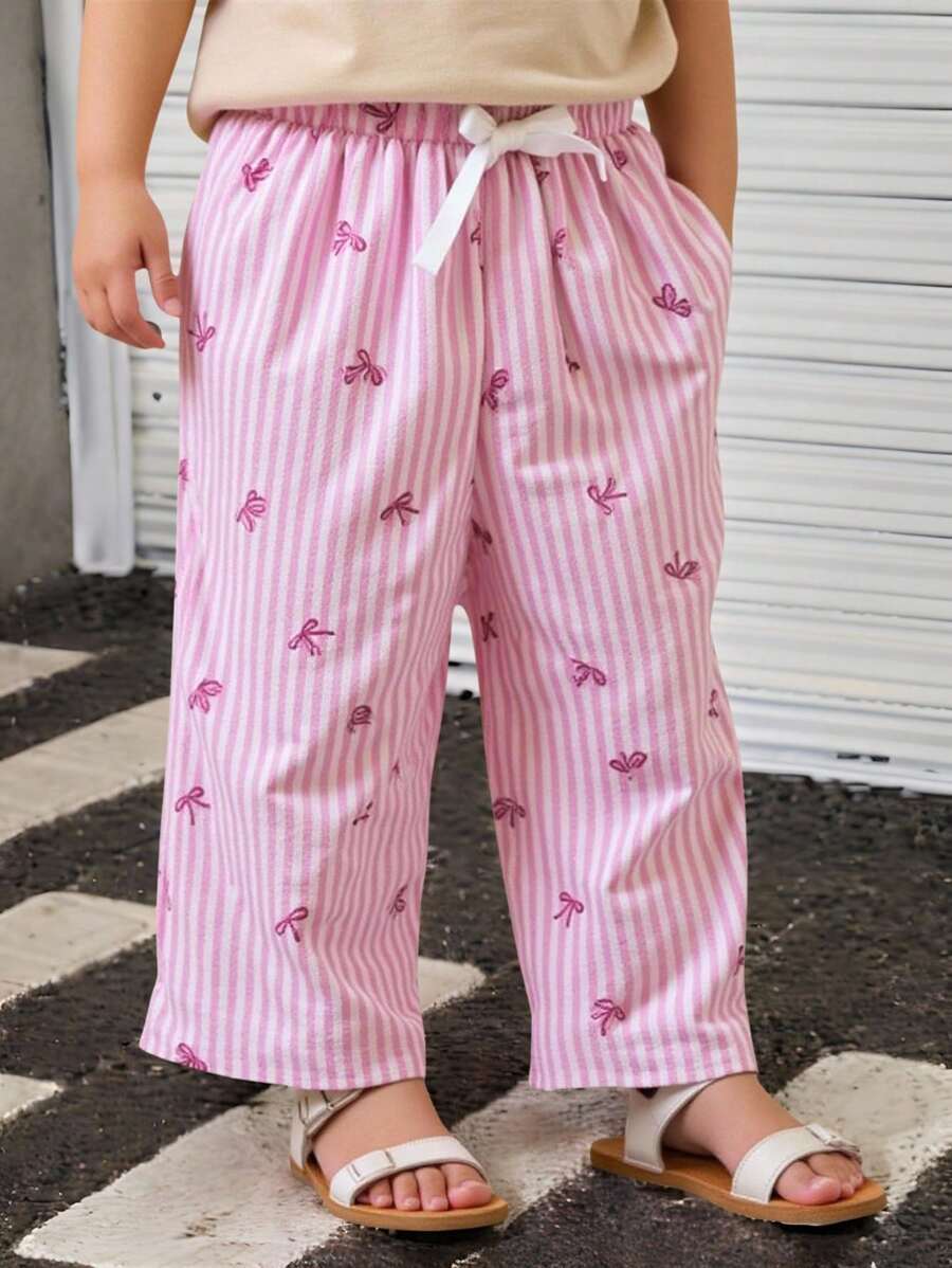 SHEIN 女婴休闲舒适百搭可爱粉色蝴蝶结设计裤子 - 粉色 - 查看 1