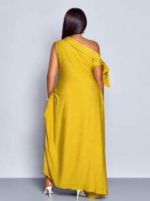 SOLERSUN 女式加大码春夏纯色优雅派对度假日常通勤节日聚会无袖单肩长裙 - 芥末黃 - 查看 2