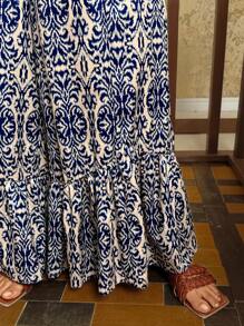 Travachic Quần ống rộng cạp cao in hoa cỡ lớn cho nữ, thích hợp cho kỳ nghỉ - Xanh và trắng - Xem 5