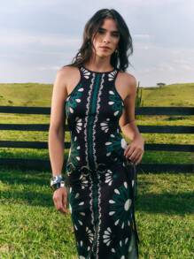 CAJUNI Women Boho Tropical Print Sleeveless Criss-Cross Fitted Dress, Black Casual Holiday Dress Summer Dresses For Women - Multicolor - View 1