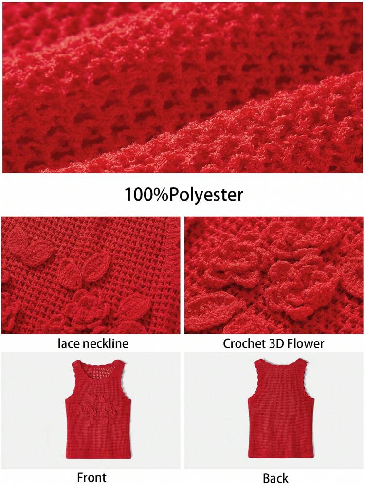 SHEIN Maija Red Crochet 3D Floral Decor Sleeveless Casual Vacation Holiday Basic Vest Top For Women,Fall Women Clothes,Halloween