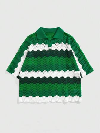 Street Life Chemise en tricot ample à rayures pour hommes, Top court en tricot à manches courtes, polo en tricot décontracté pour les vacances