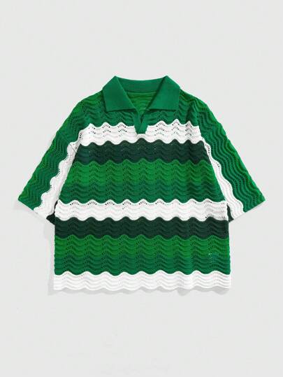 Street Life Camisa de punto holgada a rayas para hombre, top de manga corta de punto, polo de punto casual para vacaciones