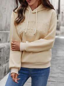 EMERY ROSE Women Casual Loose Hoodie With 3D Letter Pattern,Long Sleeve Tops Graduation,Back To School,Graduation,Teacher For Women,Back To School Pullover Fall Sweatshirt - Apricot - View 4