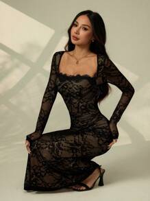 SHEIN PETITE 女士方领修身优雅长袖蕾丝连衣裙 - 黑色 - 查看 3