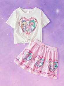 Pop Mart Azura X SHEIN 少女卡通梦幻公主心印花白色甜美休闲领带T恤和粉色可爱短裙套装 - 粉色 - 查看 1