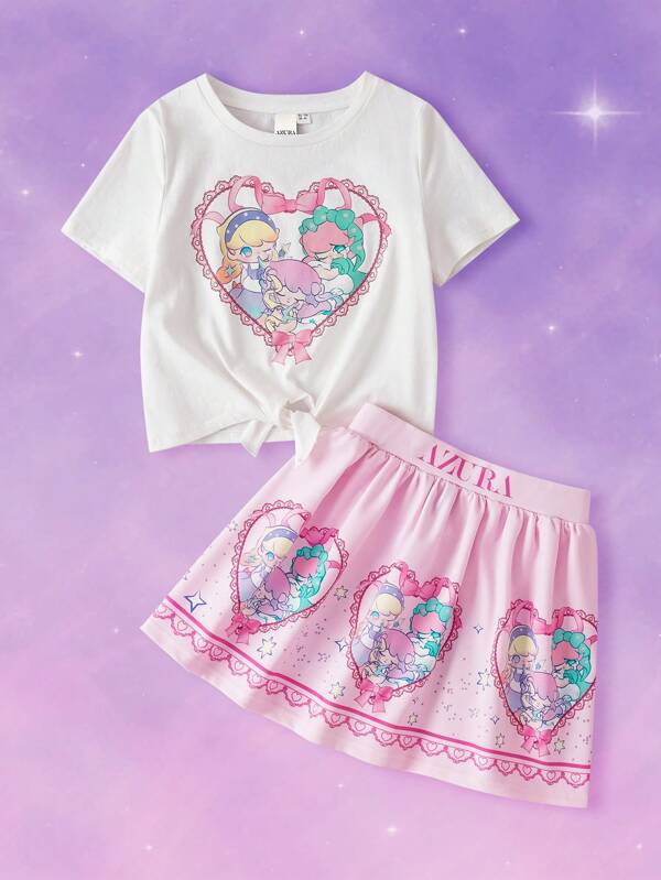 Pop Mart Azura X SHEIN Young Girl Cartoon Fantasy Princess Heart Printed White Sweet Casual Tie T-Shirt And Pink Cute Skirt Outfit Set