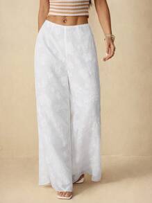SHEIN PETITE Women's Casual Elegant Bohemian Holiday Beach White Patterned Textured Jacquard Loose Flared Pants, Summer, Boho