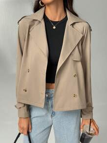 SHEIN Tall 女式短款纽扣翻领雨衣英伦风时尚卡其色常规下摆长袖风衣，适合秋冬季日常舒适穿着 - 卡其色 - 查看 1