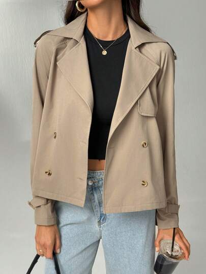 SHEIN Tall Women's Short Button Lapel Raincoat British Style Stylish Khaki Regular Hem Trench Coat With Long Sleeves For Everyday Comfort In Fall/Winter