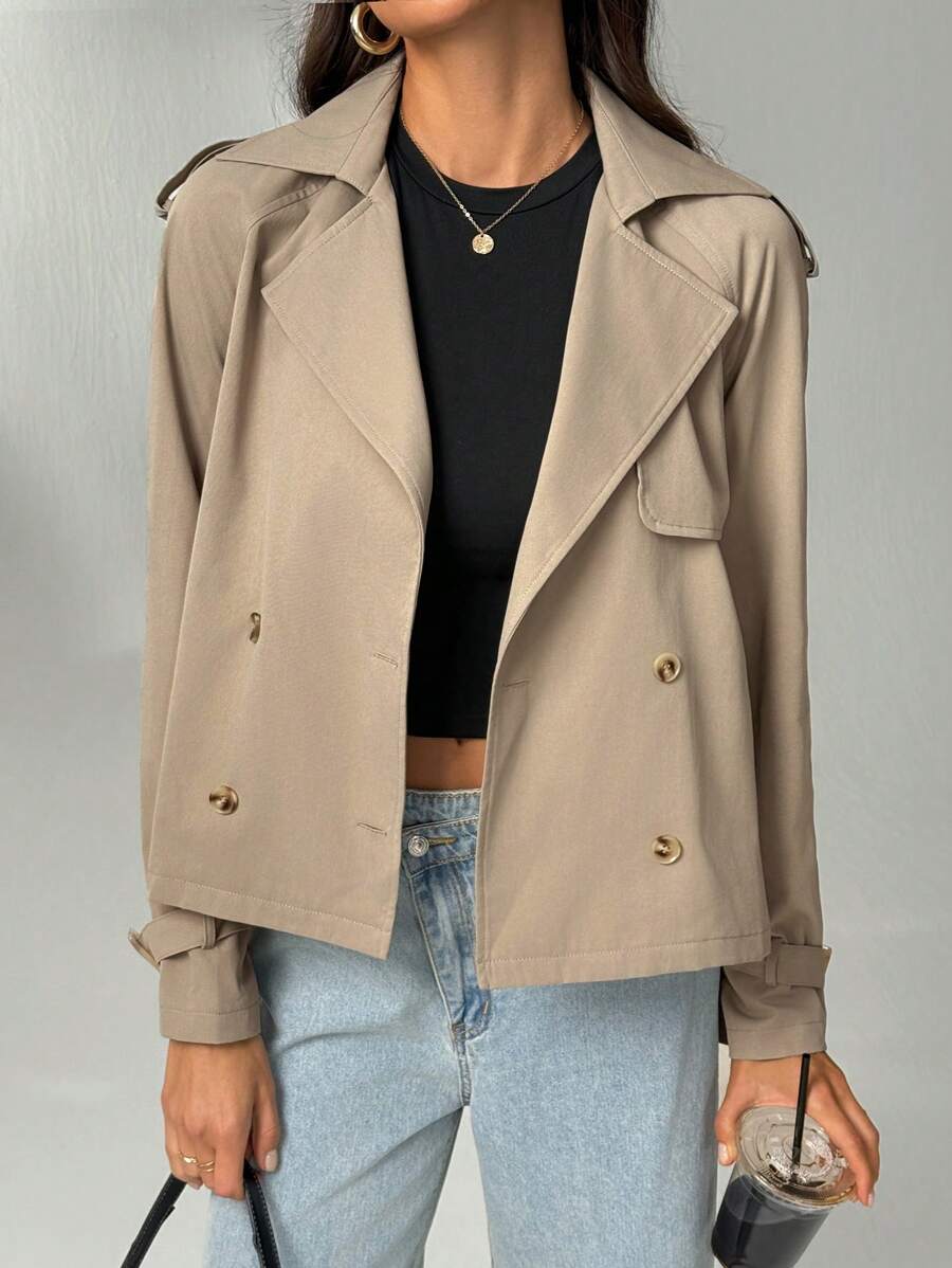 SHEIN Tall 女式短款纽扣翻领雨衣英伦风时尚卡其色常规下摆长袖风衣，适合秋冬季日常舒适穿着 - 卡其色 - 查看 1